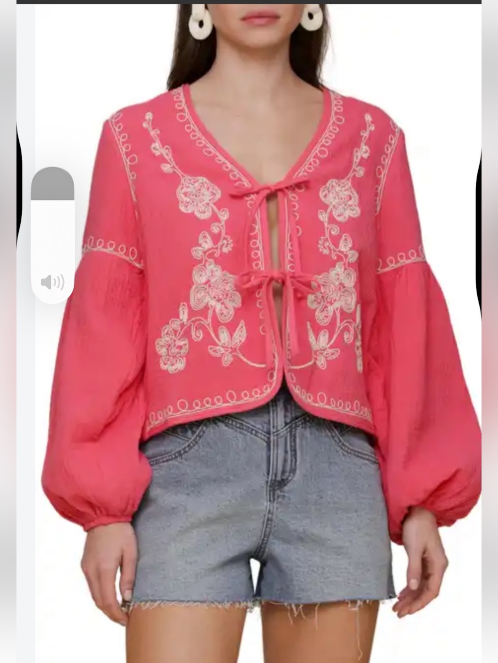 Avec Les Filles Pink Embroidered Tie-Front Flutter Sleeve Top Size Small
